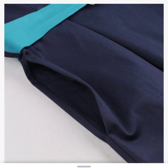 Navy Blue and Blue Scoop Neck Retro Midi Dress with Pockets and Belt, Size Small - Picture 5 of 12